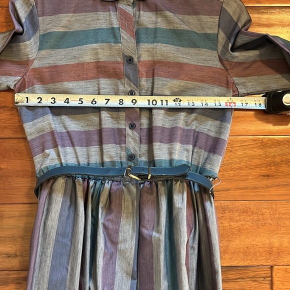 Vintage K.C. Petites Belted Collared Dress Size 8 Multi-Striped Long Sleeve - Picture 7 of 10